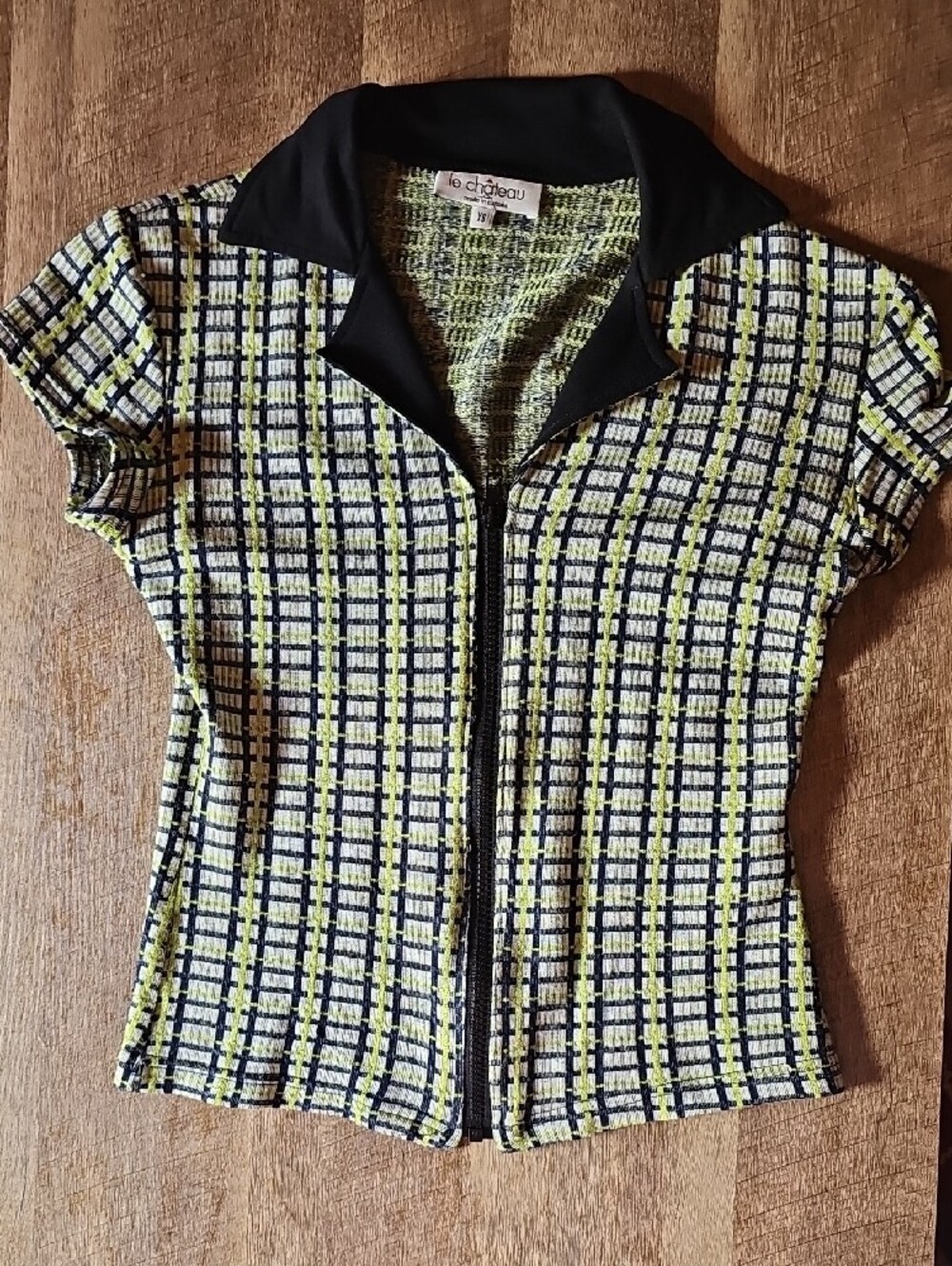 Le Château Lime Green & Black Tweed Knit Zip-Front Top